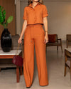 LAPEL BUTTON TOP + HIGH-WAISTED WIDE LEG PANTS SET – ELEGANT AND TRENDY