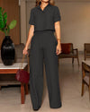 LAPEL BUTTON TOP + HIGH-WAISTED WIDE LEG PANTS SET – ELEGANT AND TRENDY