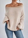 LADIES WIDE COLLAR DROP SHOULDER LOOSE STRIPED SWEATER – VERSATILE PULLOVER