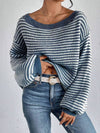 LADIES WIDE COLLAR DROP SHOULDER LOOSE STRIPED SWEATER – VERSATILE PULLOVER