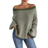 LADIES WIDE COLLAR DROP SHOULDER LOOSE STRIPED SWEATER – VERSATILE PULLOVER