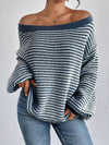 LADIES WIDE COLLAR DROP SHOULDER LOOSE STRIPED SWEATER – VERSATILE PULLOVER