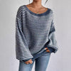 LADIES WIDE COLLAR DROP SHOULDER LOOSE STRIPED SWEATER – VERSATILE PULLOVER