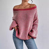 LADIES WIDE COLLAR DROP SHOULDER LOOSE STRIPED SWEATER – VERSATILE PULLOVER