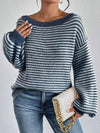 LADIES WIDE COLLAR DROP SHOULDER LOOSE STRIPED SWEATER – VERSATILE PULLOVER