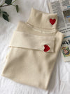 KNITTED RIBBED TURTLENECK SWEATER - WOMEN'S HEART EMBROIDERY PULLOVER