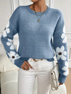 FLOWER PRINT ROUND NECK SWEATER - WOMEN'S LONG SLEEVE KNITTED PULLOVER