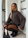 CHIC BROWN WOMEN'S LOOSE KNIT SWEATER - ROUND NECK LONG SLEEVE KNITWEAR TOP