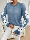 FLOWER PRINT ROUND NECK SWEATER - WOMEN'S LONG SLEEVE KNITTED PULLOVER