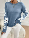 FLOWER PRINT ROUND NECK SWEATER - WOMEN'S LONG SLEEVE KNITTED PULLOVER