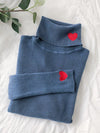 KNITTED RIBBED TURTLENECK SWEATER - WOMEN'S HEART EMBROIDERY PULLOVER