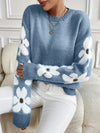 FLOWER PRINT ROUND NECK SWEATER - WOMEN'S LONG SLEEVE KNITTED PULLOVER