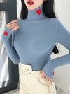 KNITTED RIBBED TURTLENECK SWEATER - WOMEN'S HEART EMBROIDERY PULLOVER