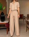 LAPEL BUTTON TOP + HIGH-WAISTED WIDE LEG PANTS SET – ELEGANT AND TRENDY