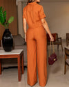 LAPEL BUTTON TOP + HIGH-WAISTED WIDE LEG PANTS SET – ELEGANT AND TRENDY